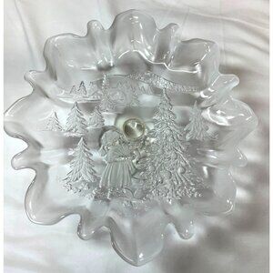 Vintage Mikasa Clear Glass Pedestal Bowl With Embossed Christmas Scene